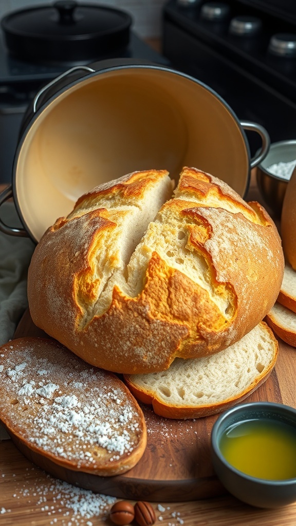 A golden-brown crusty loaf of bread from a Dutch oven on a wooden board, with slices cut to show the soft inside.